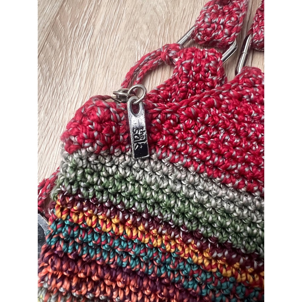The Sak Crochet Striped Shoulder Bag Red Multi Color Zip Pocket Tote Handbag - Picture 5 of 9